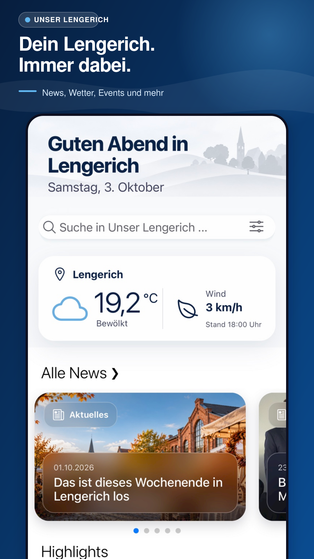 Startseite der Unser-Lengerich-App mit Wetter, News und Highlights