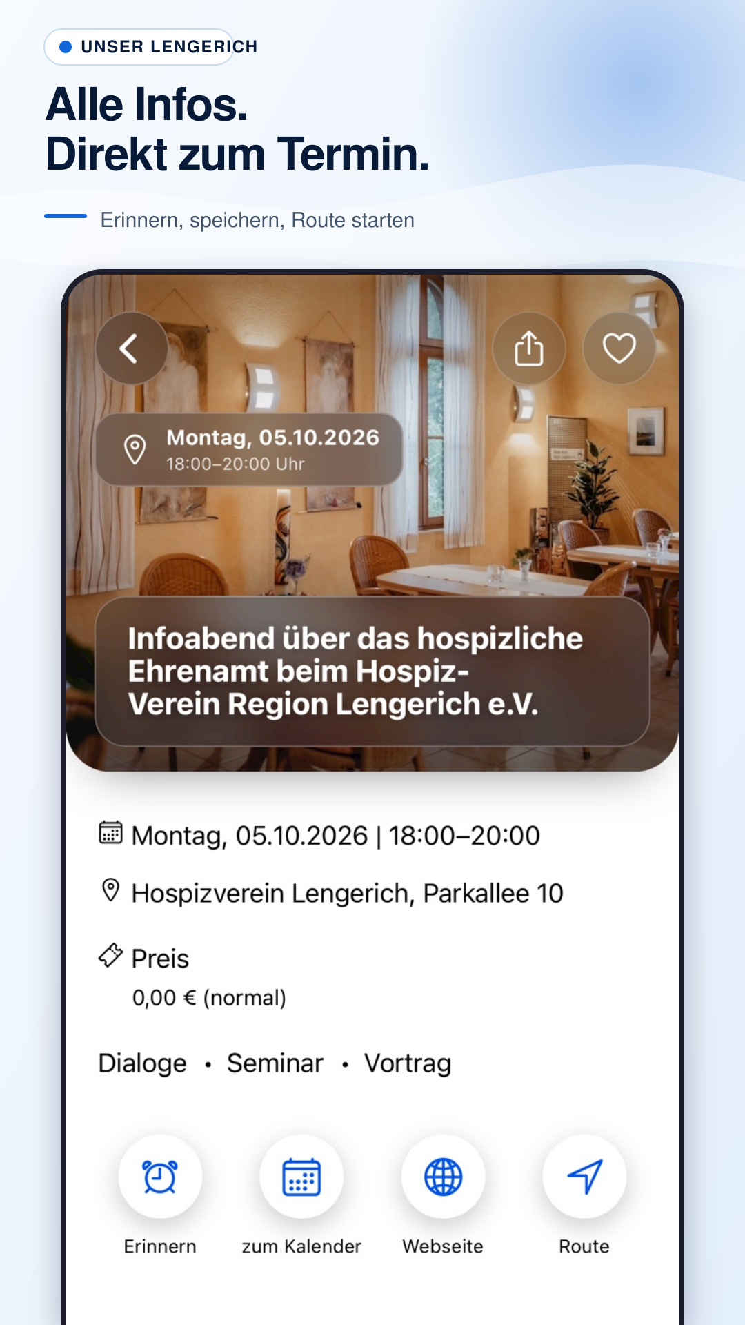 Detailansicht einer Veranstaltung mit Termin, Route und Erinnerung